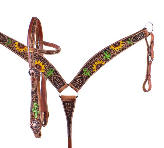 7077: Showman ® Hand Painted Sunflower Halves and Cactus Brow band Headstall and Breast collar Set Headstall & Breast Collar Set Showman   