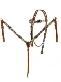 7086: Showman ®Beaded  Browband  Bridle &  Breast  Collar  set,  this Medium  oil  set features te Headstall & Breast Collar Set Showman   