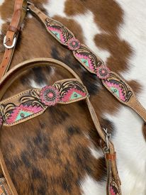 7087: Showman ®  Hand  Painted  Aztec  Brow  band  Headstall  and Breast  collar  Set Headstall & Breast Collar Set Showman   