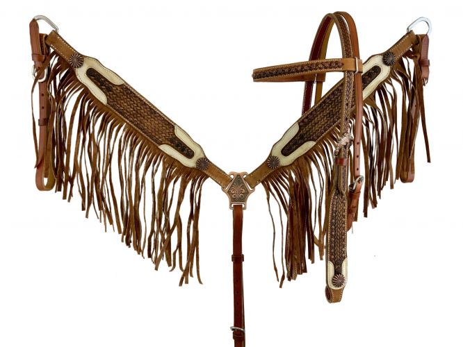 7093: Showman ® Vintage style browband headstall and breast collar Headstall & Breast Collar Set Showman   