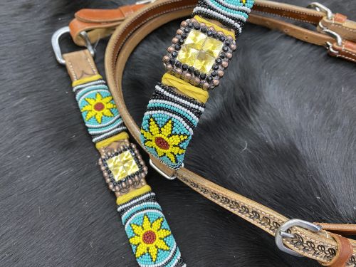 7094: Showman™ Medium oil  leather browband headstall with beaded sunflower design Headstall & Breast Collar Set Showman   