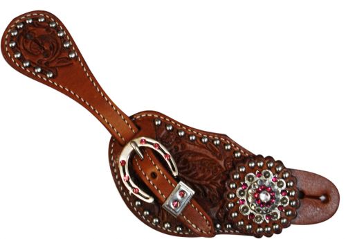 7125: Showman™Ladies spur strap with acorn tooling accented with pink crystal rhinestones Spur Straps Showman   