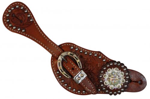 7126: Showman® Ladies spur strap with acorn tooling accented with clear crystal rhinestones Spur Straps Showman   