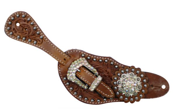 7132: Showman™ Ladies Tooled Leather Spur Straps with Crystal Rhinestone Hardware and conchos Spur Straps Showman   