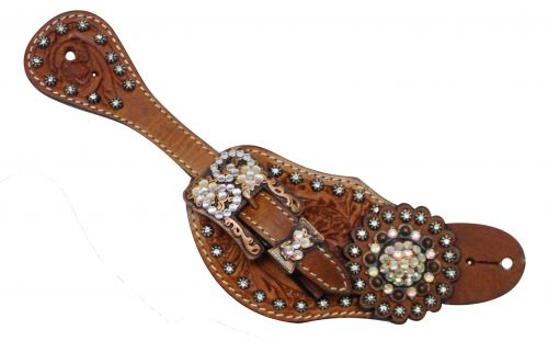 7135: Showman™ Ladies Tooled Leather Spur Straps with Vintage Style Buckle and Crystal Rhinestone Spur Straps Showman   