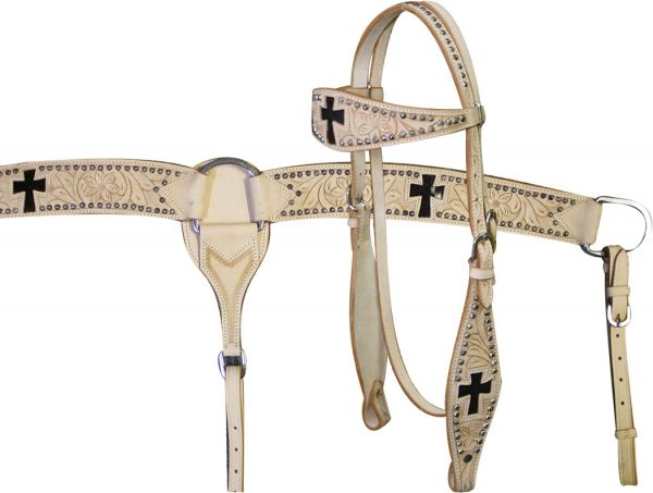 7168: Leather double stitched tooled browband headstall, reins and tooled breastcollar set with  h Headstall & Breast Collar Set Showman   