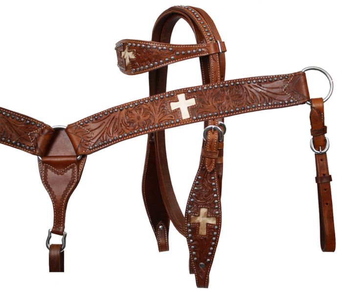 tooled 7168: headstall browband stitched breast Leather double collar