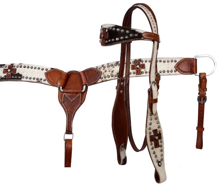 7174: Leather double stitched wide browband headstall, reins and breastcollar set with  hair on co Headstall & Breast Collar Set Showman   