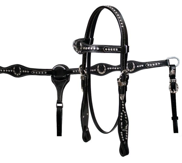 7184: Showman™ double stitched fully tooled leather browband headstall and breast collar set with  Headstall & Breast Collar Set Showman   