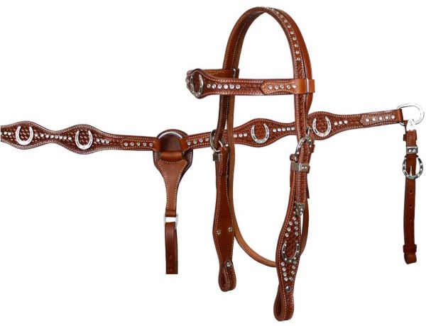 7184: Showman™ double stitched fully tooled leather browband headstall and breast collar set with  Headstall & Breast Collar Set Showman   