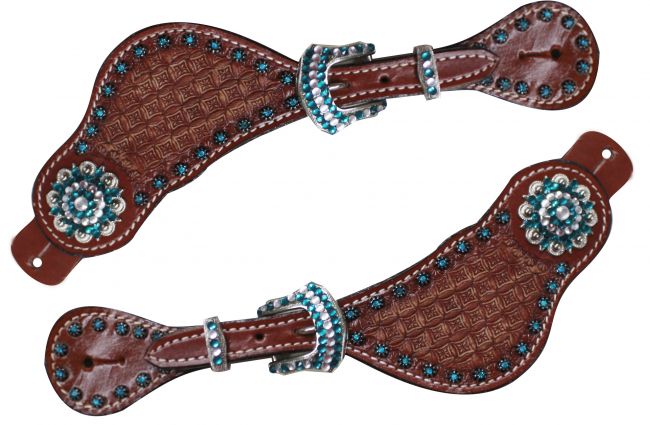 7191: Showman ® Ladies size Basket weave tooled spur straps accented with teal crystal rhinestone Spur Straps Showman   