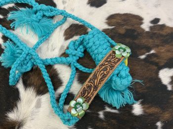 722753: Showman® Woven teal nylon  mule  tape  halter  with  hand  painted 3D flower accent on  th Primary Showman   