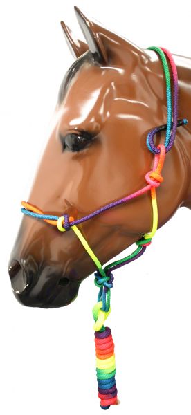 722755: 3/8" Rainbow colored knotted cowboy knot halter with 5/8" X 8' matching lead Primary Showman Saddles and Tack   
