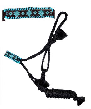 722762: Showman® Woven black nylon  mule  tape  halter  with  black and teal southwest beaded nose Primary Showman   