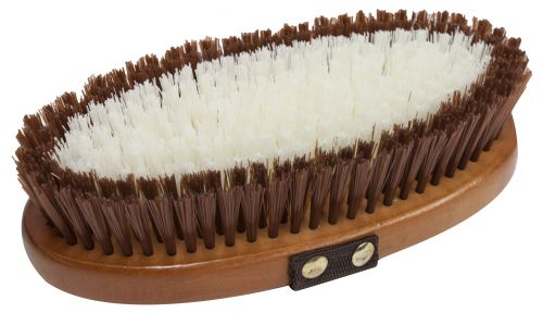 72G1001: Medium bristle brush with smooth wooden oval base and nylon hand strap Brush Showman Saddles and Tack   