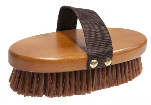 72G1001: Medium bristle brush with smooth wooden oval base and nylon hand strap Brush Showman Saddles and Tack   