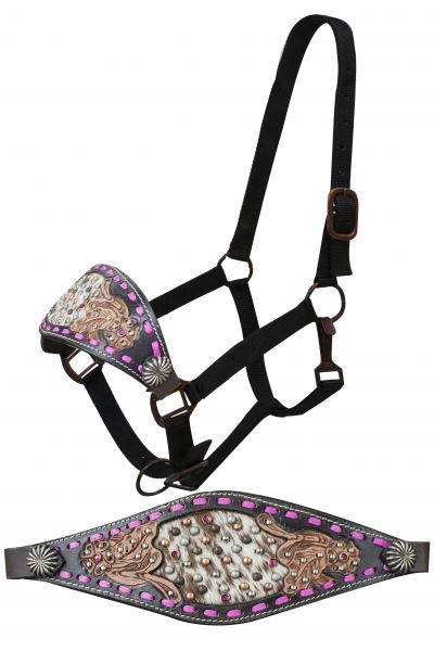 7536: Showman ® FULL SIZE Black leather bronc halter with pink buck stitch and floral tooling with Primary Showman   
