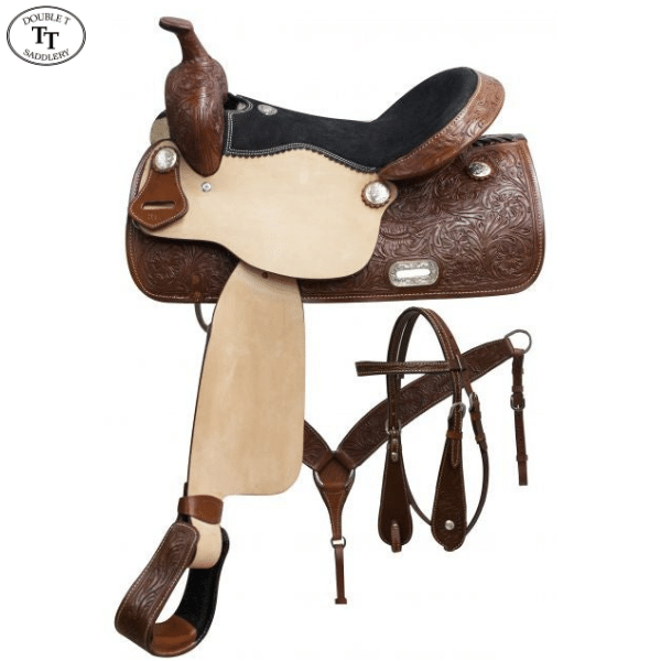 7656: 15", 16", 17" Double T pleasure style saddle set with floral tooling Pleasure Saddle Double T   