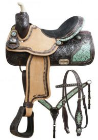 7658: 15", 16" Double T barrel saddle set with teal filigree inlay Barrel Saddle Double T   