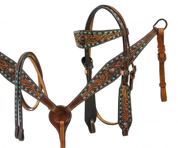 7721: Showman ® Teal buck stitched headstall and breast collar set with engraved bronze conchos Headstall & Breast Collar Set Showman   