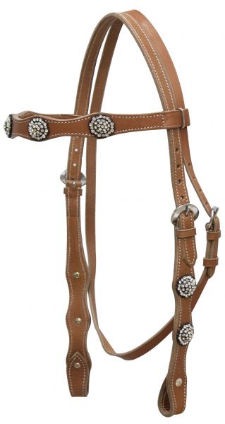 7792: Leather double stitched headstall with clear rhinestone conchos Primary Showman Saddles and Tack Light Brown  