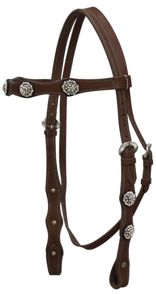 7792: Leather double stitched headstall with clear rhinestone conchos Primary Showman Saddles and Tack Dark Brown  