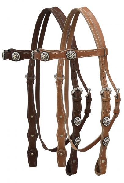 7792: Leather double stitched headstall with clear rhinestone conchos Primary Showman Saddles and Tack   