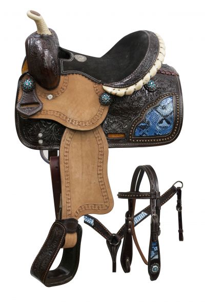 786310: 10" Double T pony saddle set with blue snake print inlays Youth Saddle Double T   