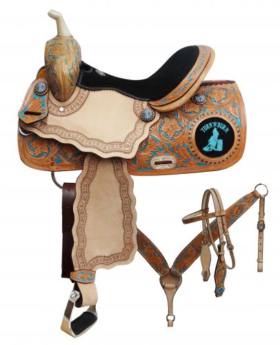 7868: 14", 15", 16" Double T barrel saddle set with " Turn 'N' Burn" design Barrel Saddle Showman Saddles and Tack   