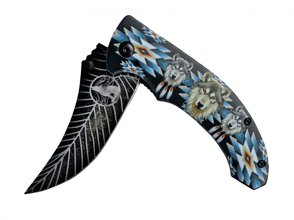 8" Knife with blue Aztec pattern and wolves on handle Default Shiloh   