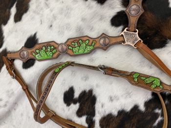 8002: Showman ® Hand Painted Cactus Brow band Headstall and Breast collar Set Headstall & Breast Collar Set Showman   