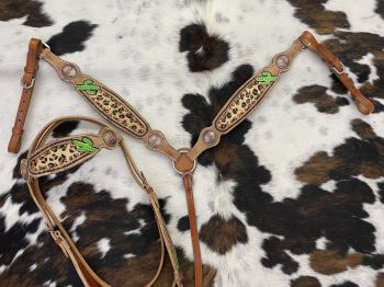 8003: Showman ® Hand Painted Cactus Brow band Headstall and Breast collar Set with cheetah hair in Headstall & Breast Collar Set Showman   