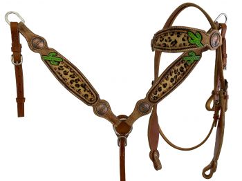 8003: Showman ® Hand Painted Cactus Brow band Headstall and Breast collar Set with cheetah hair in Headstall & Breast Collar Set Showman   