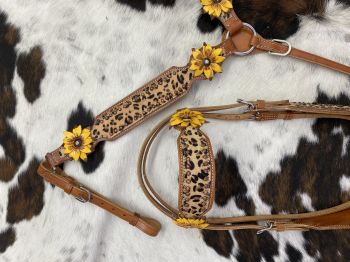8004: Showman ® Cheetah Inlay Headstall and Breast collar Set w/ 3D leather painted sunflower acce Headstall & Breast Collar Set Showman   