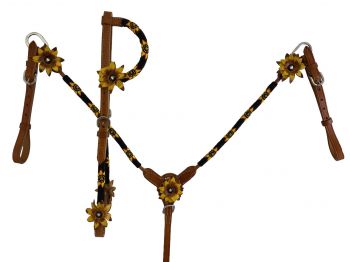 8005: Showman ® Sunflower beaded Headstall and Breast collar Set w/ 3D leather painted sunflower a Headstall & Breast Collar Set Showman   