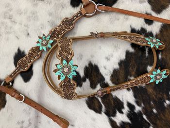 8006: Showman ® Hand Painted Leather 3D Teal/Brown Flowers on Brow band Headstall and Breast colla Headstall & Breast Collar Set Showman   