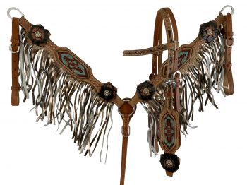 8009: Showman ® Painted 3D Flower & Aztec Beaded Browband Headstall and Breast collar Set with Fri Headstall & Breast Collar Set Showman   