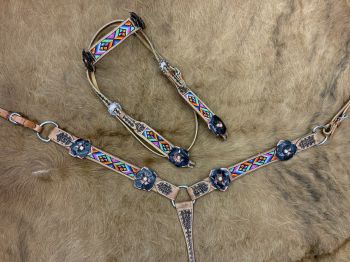 8013: Showman ® Aztec beaded Browband Headstall and Breast collar Set w/ 3D leather painted flower Headstall & Breast Collar Set Showman   