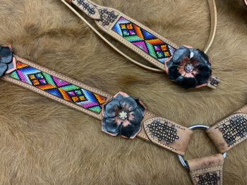 8013: Showman ® Aztec beaded Browband Headstall and Breast collar Set w/ 3D leather painted flower Headstall & Breast Collar Set Showman   
