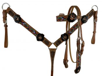 8013: Showman ® Aztec beaded Browband Headstall and Breast collar Set w/ 3D leather painted flower Headstall & Breast Collar Set Showman   