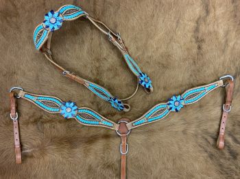 8020: Showman ® Rawhide Laced Headstall and Breast collar Set w/ 3D leather painted flower accents Headstall & Breast Collar Set Showman   
