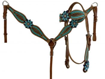 8020: Showman ® Rawhide Laced Headstall and Breast collar Set w/ 3D leather painted flower accents Headstall & Breast Collar Set Showman   