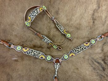 8022: Showman ® Cheetah Browband headstall and breast collar set with sunflower conchos Headstall & Breast Collar Set Showman   