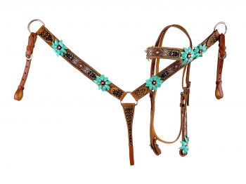 8025: Showman ®  Browband beaded Browband Headstall and Breast collar Set w/ 3D leather painted fl Headstall & Breast Collar Set Showman   