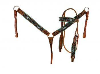 8026: Showman ® Browband beaded Browband Headstall and Breast collar Set w/ rawhide leather accent Headstall & Breast Collar Set Showman   