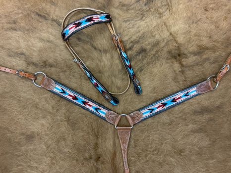 8027: Showman ® Browband Headstall & Breast collar set with wool southwest blanket inlay Headstall & Breast Collar Set Showman   