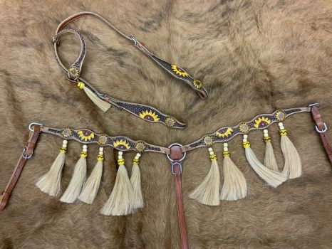 8031: Showman™ Medium Oil Browband Headstall and Breast collar set with Painted Sunflower Design a Headstall & Breast Collar Set Showman   