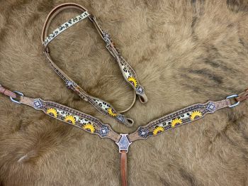 8032: Showman ® Medium Leather Browband headstall and breastcollar set with cheetah inlays and pai Headstall & Breast Collar Set Showman   