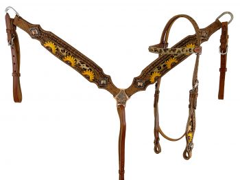 8032: Showman ® Medium Leather Browband headstall and breastcollar set with cheetah inlays and pai Headstall & Breast Collar Set Showman   