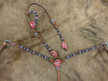 8033: Showman ® One Ear beaded Headstall and Breast collar Set w/ 3D leather flower accents Headstall & Breast Collar Set Showman   